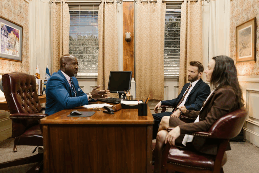 A group of people having a meeting