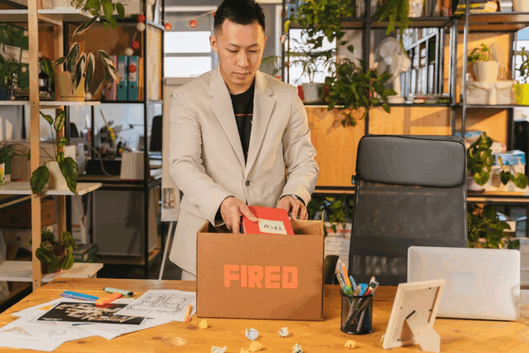 a man fired from his job collected things from his desk
