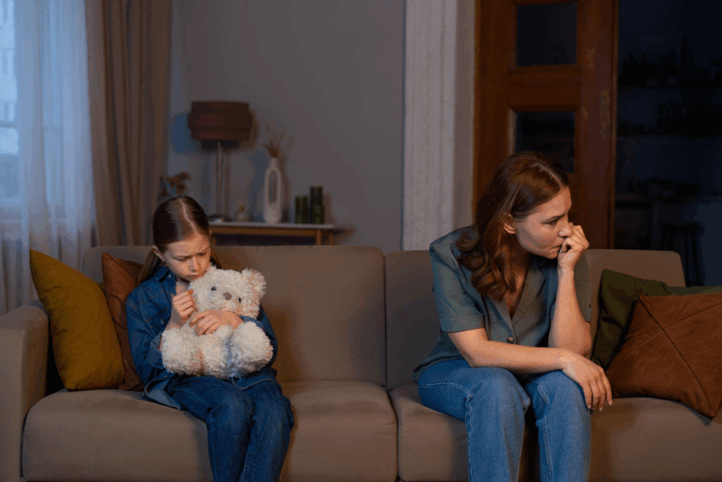 an upset child holding a toy, sitting at a distance from a crying mother