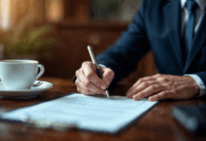 a lawyer sitting at his desk signing a document 