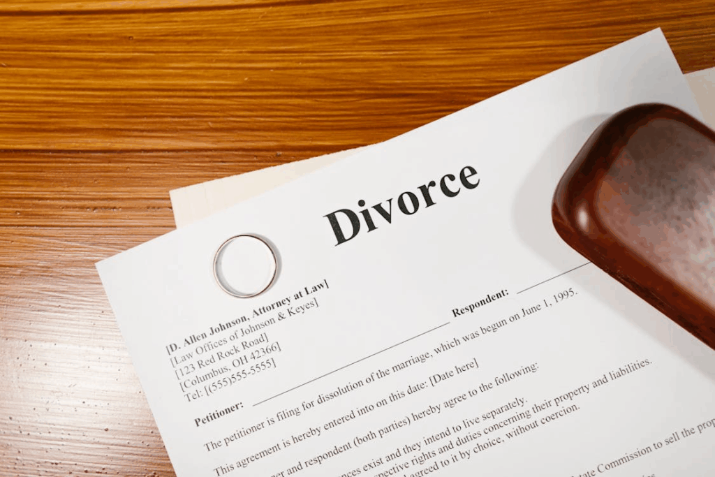 close-up of a divorce paper with a wooden box and a ring on it