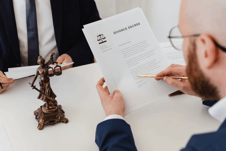 a person holding divorce papers and moving a pen over it