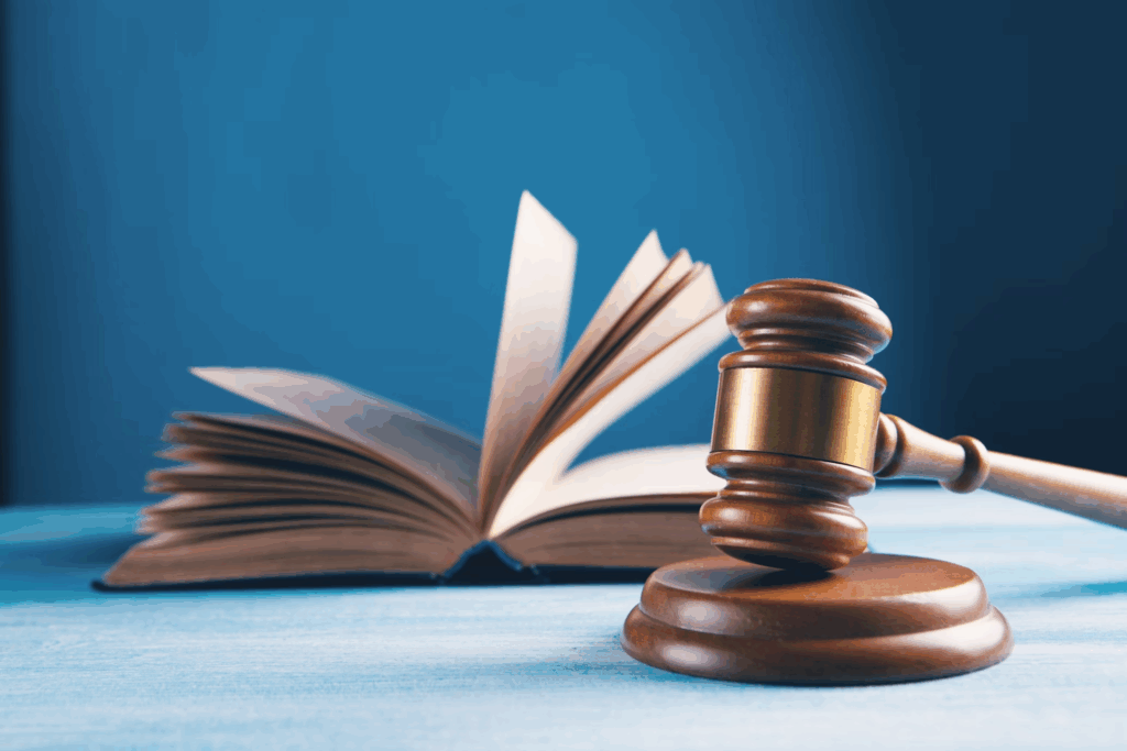 Close-up of a judge's gavel resting beside an open law book,