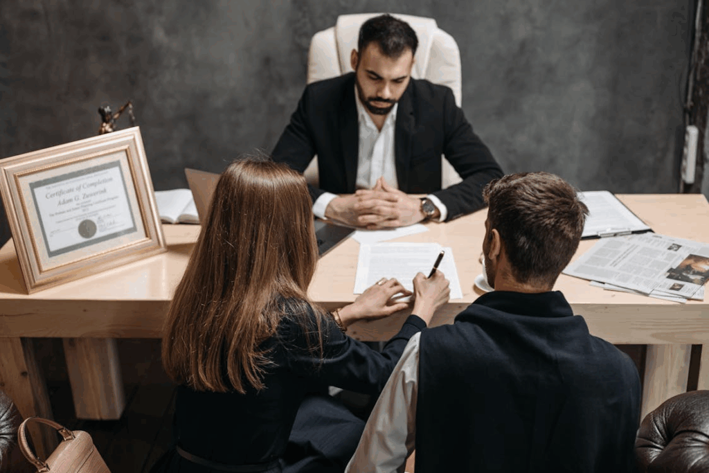 Client couple consulting with Houston divorce attorney about community property rules.