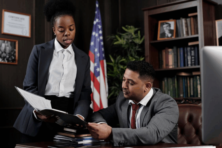 Lawyer discussing legal documents with a client in a Houston family law case.