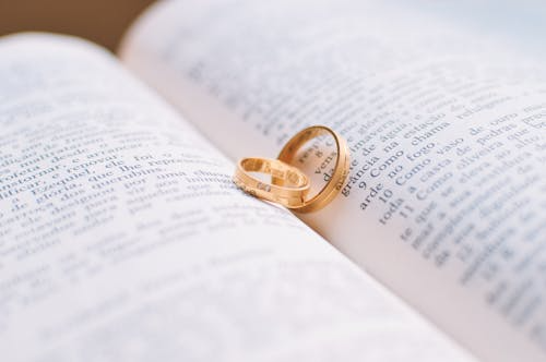 A pair of wedding rings placed on a signed prenuptial agreement document symbolizing financial clarity before marriage.