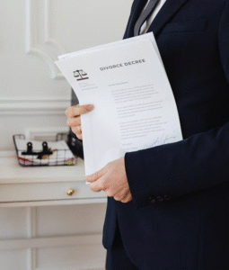 A man in a black suit holding a divorce document