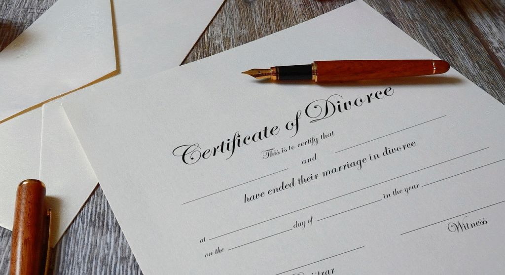 divorce certificate with pen and envelope on a table