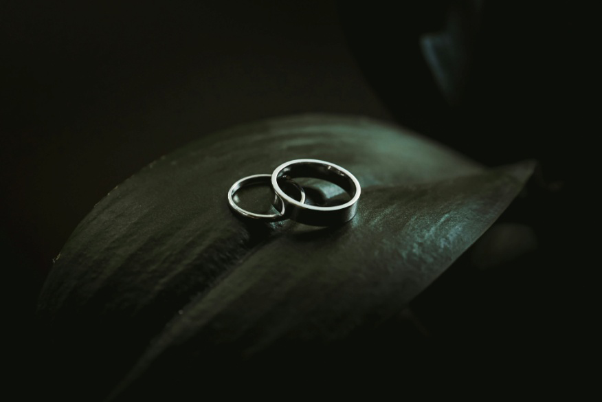 Two wedding rings resting on a dark leaf.