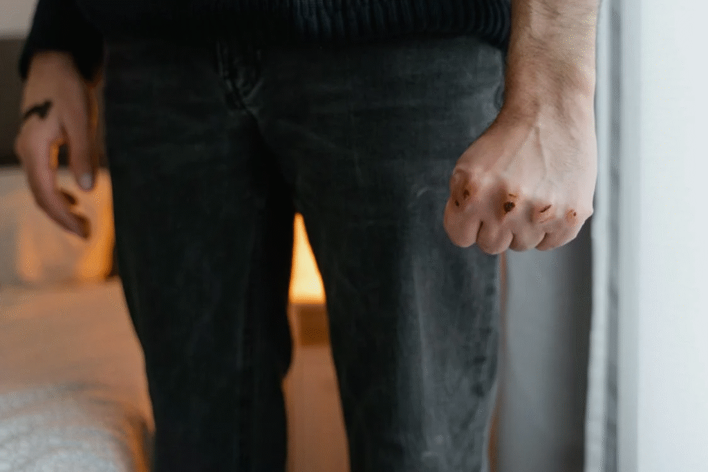close-up of a person’s fist with wounded knuckles