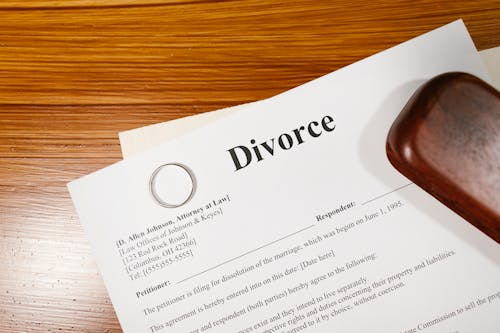 Divorce papers with a wedding ring placed on top.