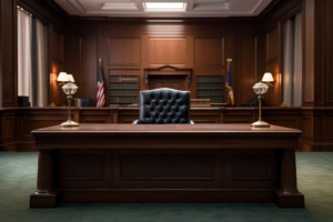 an empty courtroom with the judges chair