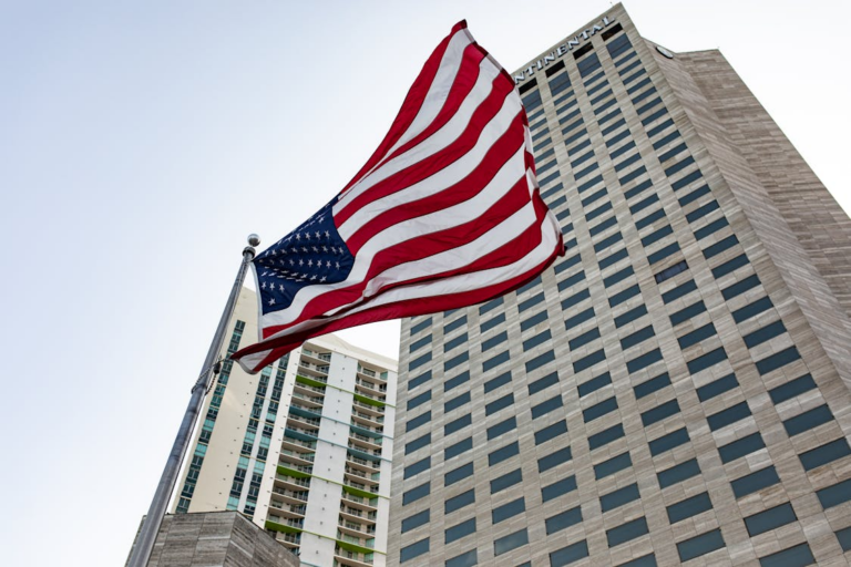 Exterior of a Houston family court building with flags outside