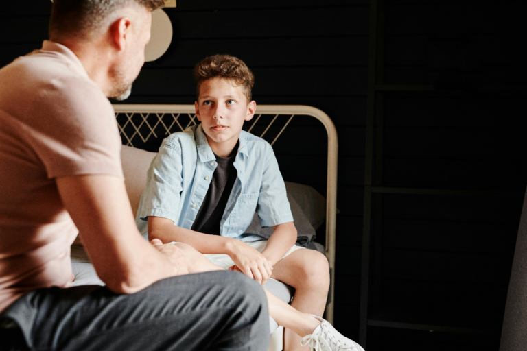 A parent talking to a child