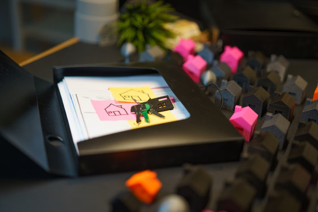 This image shows keys and documents surrounded by small house models on a desk.
