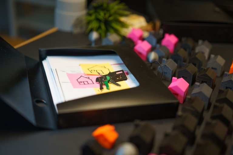 This image shows keys and documents surrounded by small house models on a desk.