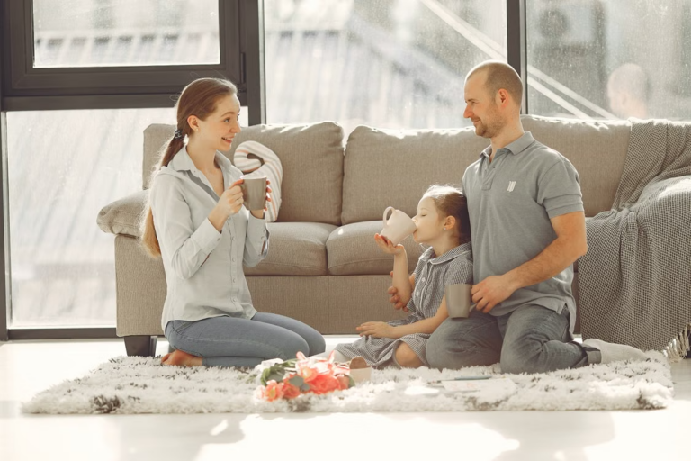 This image shows a family spending time together in their living room.