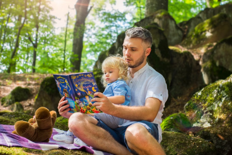 Father reading with child outdoors representing parenting time in a contested divorce case