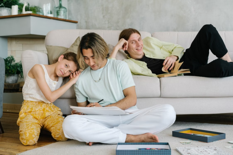 This image shows a family spending relaxed time together in a living room.