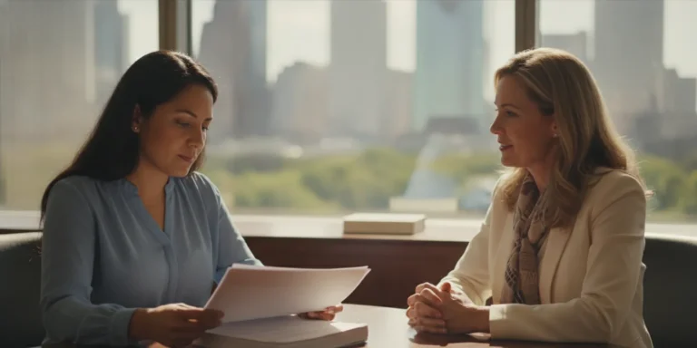 Parent reviewing paperwork at a table while speaking with an attorney