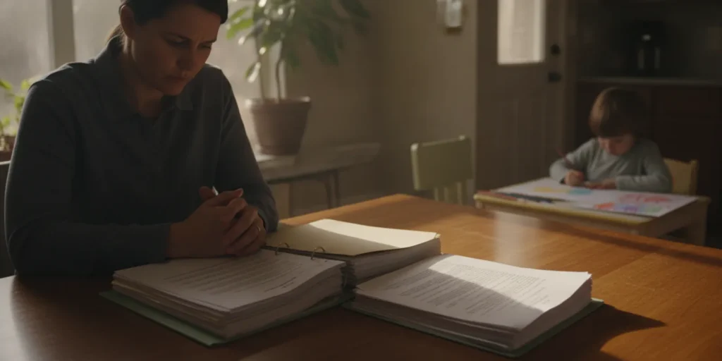 Parent reviewing a custody document at a kitchen table while a child plays nearby