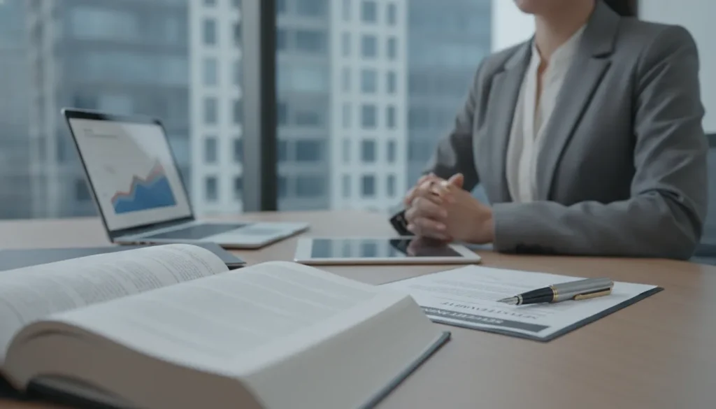 Divorce attorney at a desk with legal documents, an open book, and a laptop displaying a financial chart.