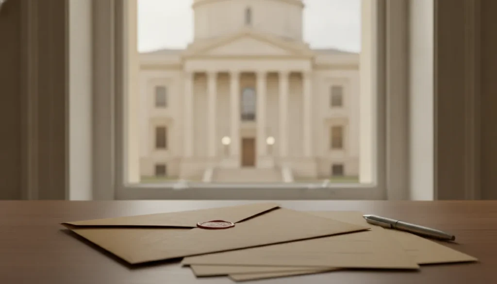 Texas courthouse paperwork and a notice envelope on a desk in natural light