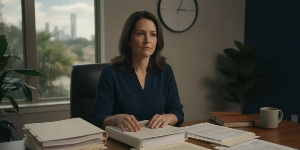 Divorce paperwork and organized financial records on a desk during preparation for a legal meeting