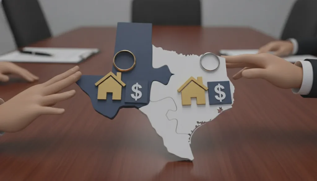 Texas map divided in two with house and dollar icons representing property division in a divorce.