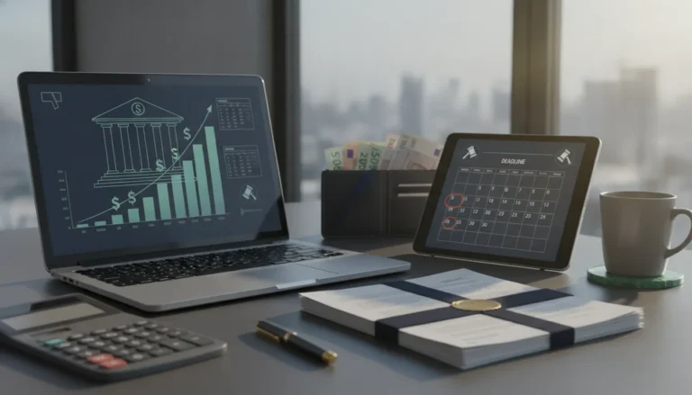 Laptop displaying a marriage green card lawyer fees chart beside a calendar, documents, calculator, and cash.
